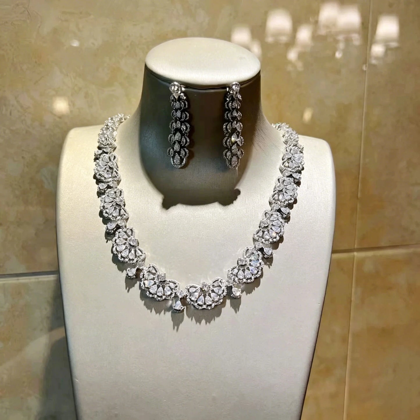 XM S426 Silver Plated Heart & Floral Cubic Zirconia Flower Link Choker Necklace & Teardrop CZ Drop Earrings Set