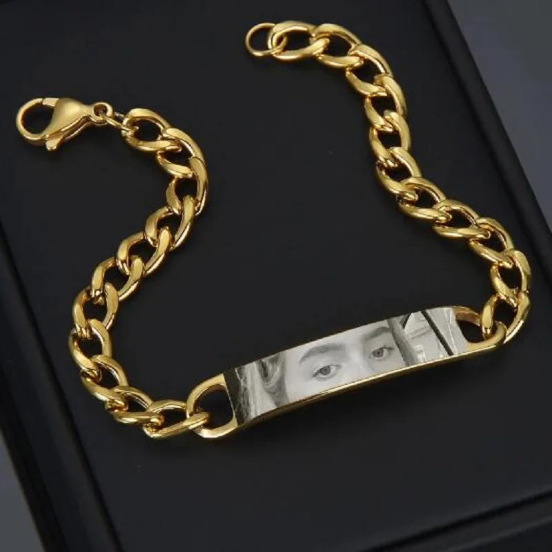REBEL Gold Silver Black Stainless Steel Cuban Chain Curved Bracelet Customized Laser Engraved Eye Bracelet for Man