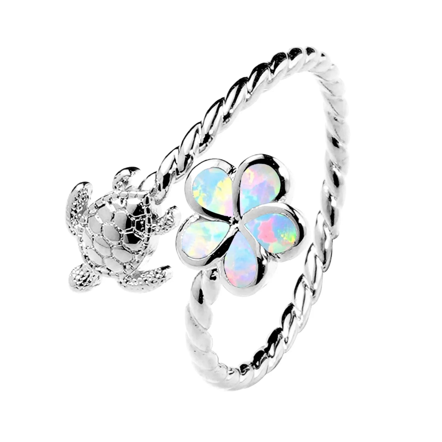 Gold Turtle & Opal Clover Ring | Twisted Band Animal Jewelry
