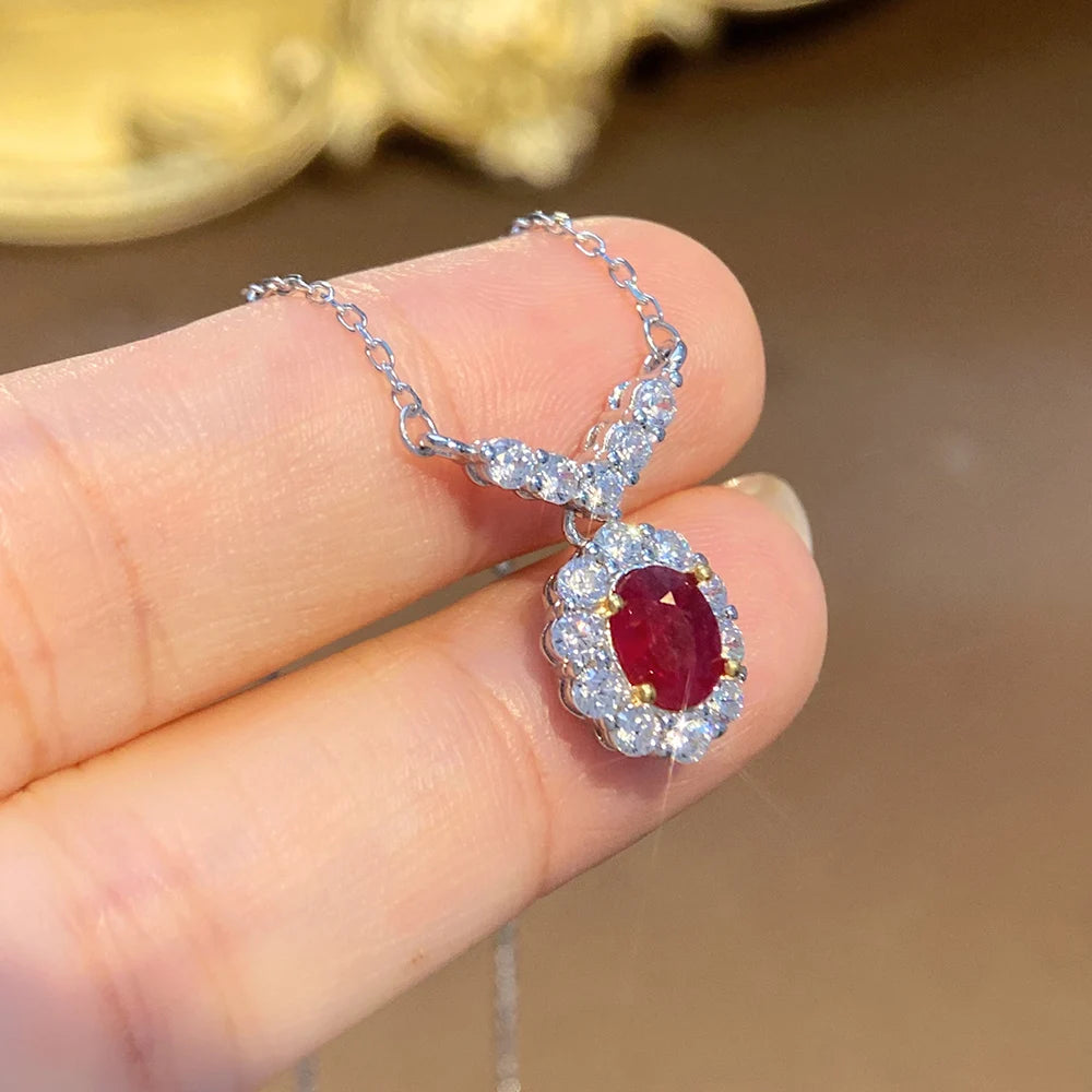 Gioiellieri Natural Red Ruby Pendant Necklace S925 Sterling Silver Fine Jewelry for Women Fashion Gemstone Charm Anniversary Gift