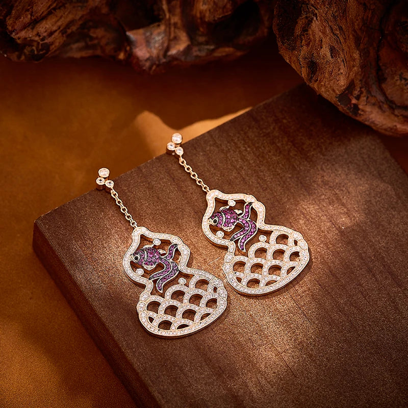 Brass Hollow Small Goldfish Gourd Long Necklace Earrings Two-piece Set Cubic Zirconia Women's Anniversary Gift