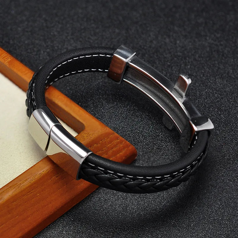 REBEL FASHIONISTA Hot Sale Male Magnetic Pattern Cross Style Stainless Steel Accessories Double-Layer Leather Bracelet Wearing Accessories