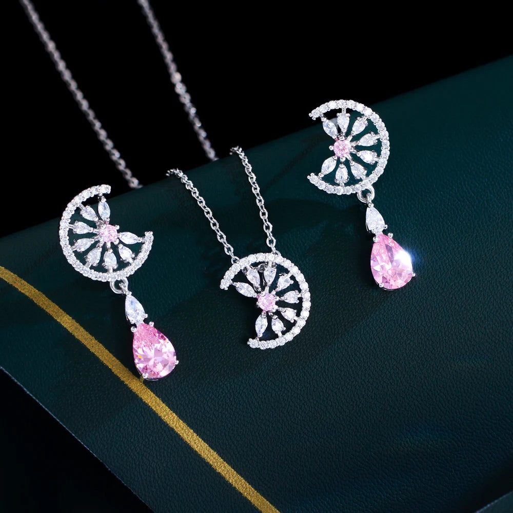 Dainty Blue Water Drop Cubic Zirconia Engagement Half Round Pendant Necklace and Earrings Fashion Jewelry Set for Women