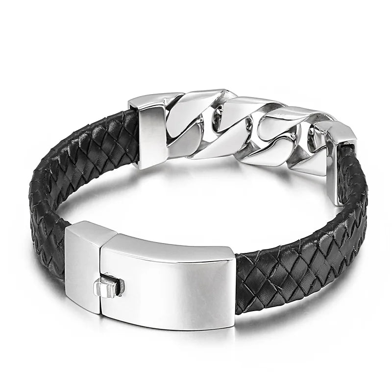 REBEL Vintage Mens Fashion Bracelets Bangles Stainless Steel Cuban Links Leather Bracelet Bangle