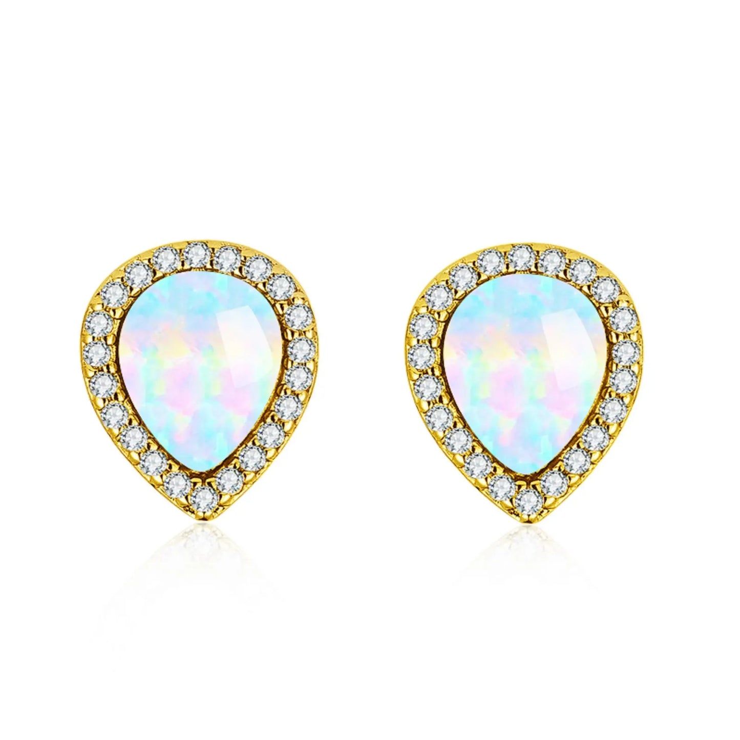 Teardrop Opal Halo Stud Earrings - Blue Fire Opal & Paved CZ Frame Design | Elegant Daily Jewelry Bulk Gifts
