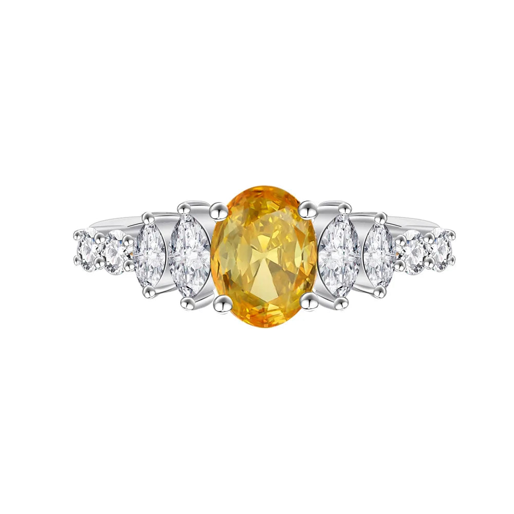 SILVERELLI Egg-Shaped Yellow Diamond Ring | 925 Sterling Silver | High Carbon Diamond