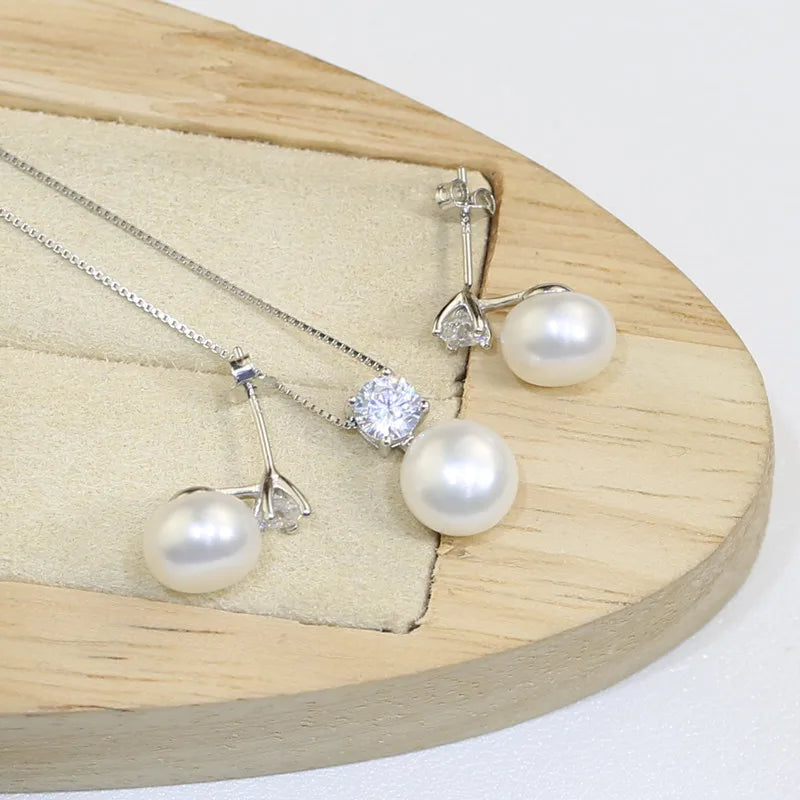 Fashion Natural Freshwater Pearl Real Pearl Jewellery Set Fresh Water Cultured Pearl Jewelry Set 925 Silver