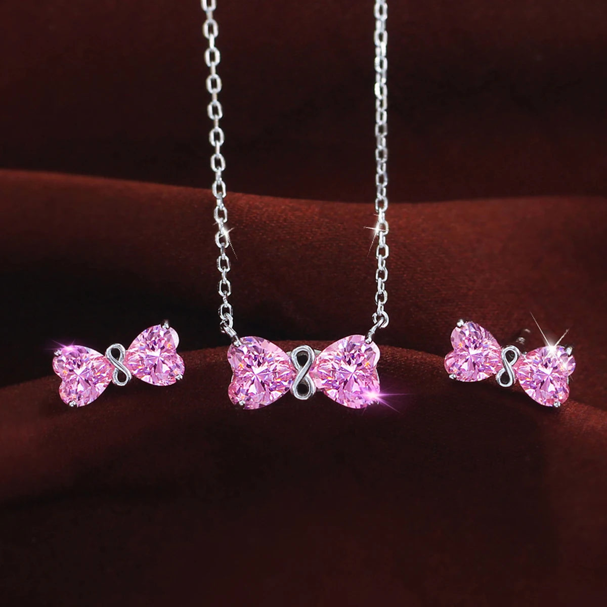 Beauty CZ Jewelry Set Pink Double Heart Zirconia Bow Pendant Necklace Earrings Jewelry Set for Women 925 Sterling Silver Jewelry