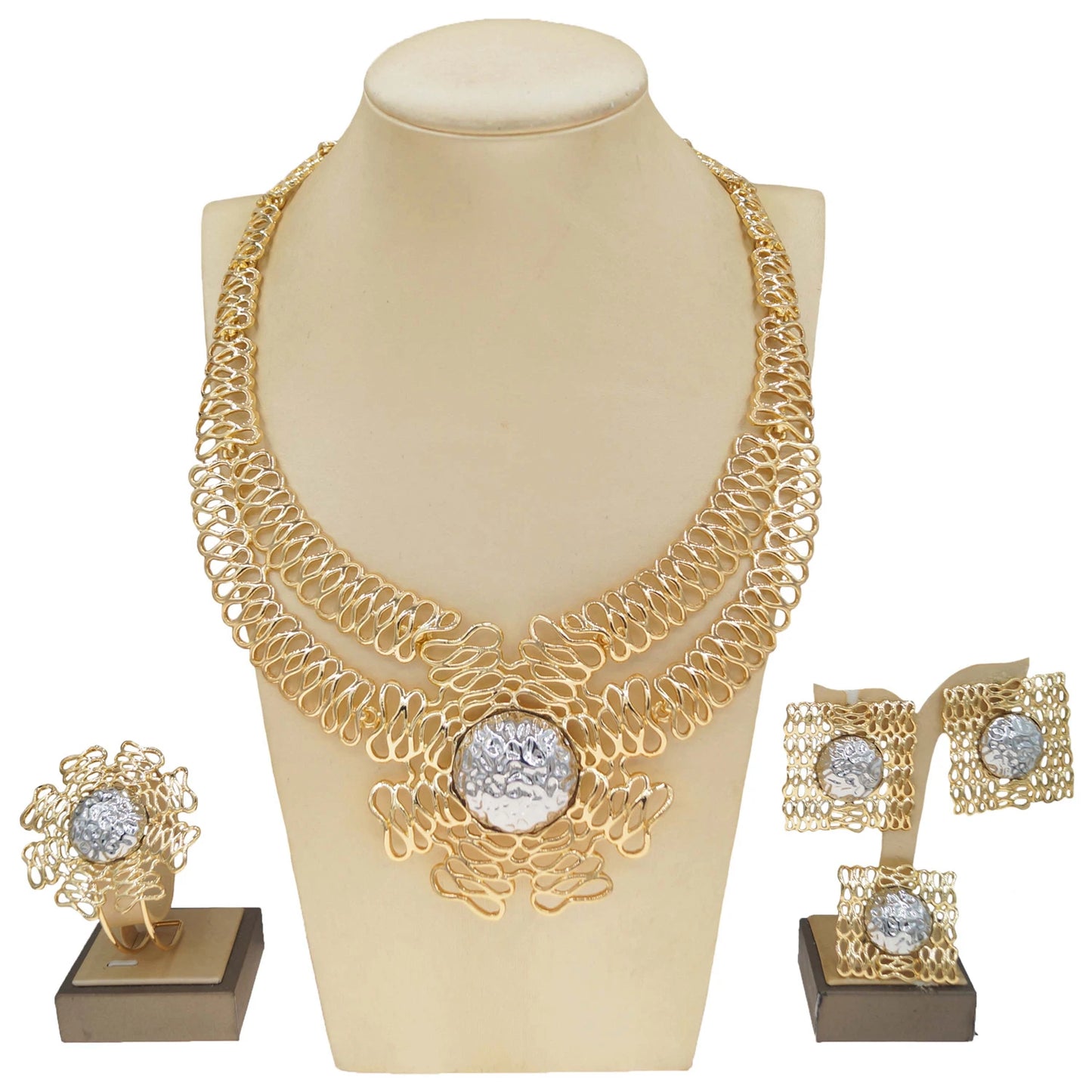 Zhuerrui New Fancy Jewelry Set Nigerian Wedding Ladies Four-Piece Double Copper Ring Chain Ring Bracelet French EleganceH00785