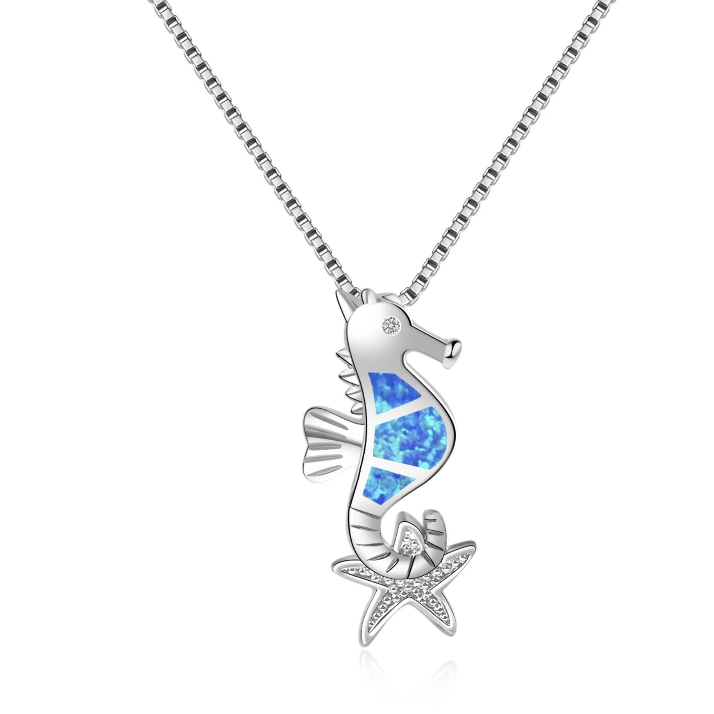 Aobao Christian Cute Silver Plated Women's Blue Opal Hippocampus Pendant Necklace with Link Chain Inlaid with Lab Created Opals