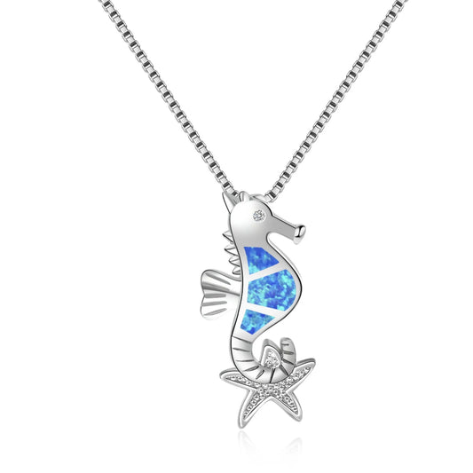 Aobao Christian Cute Silver Plated Women's Blue Opal Hippocampus Pendant Necklace with Link Chain Inlaid with Lab Created Opals