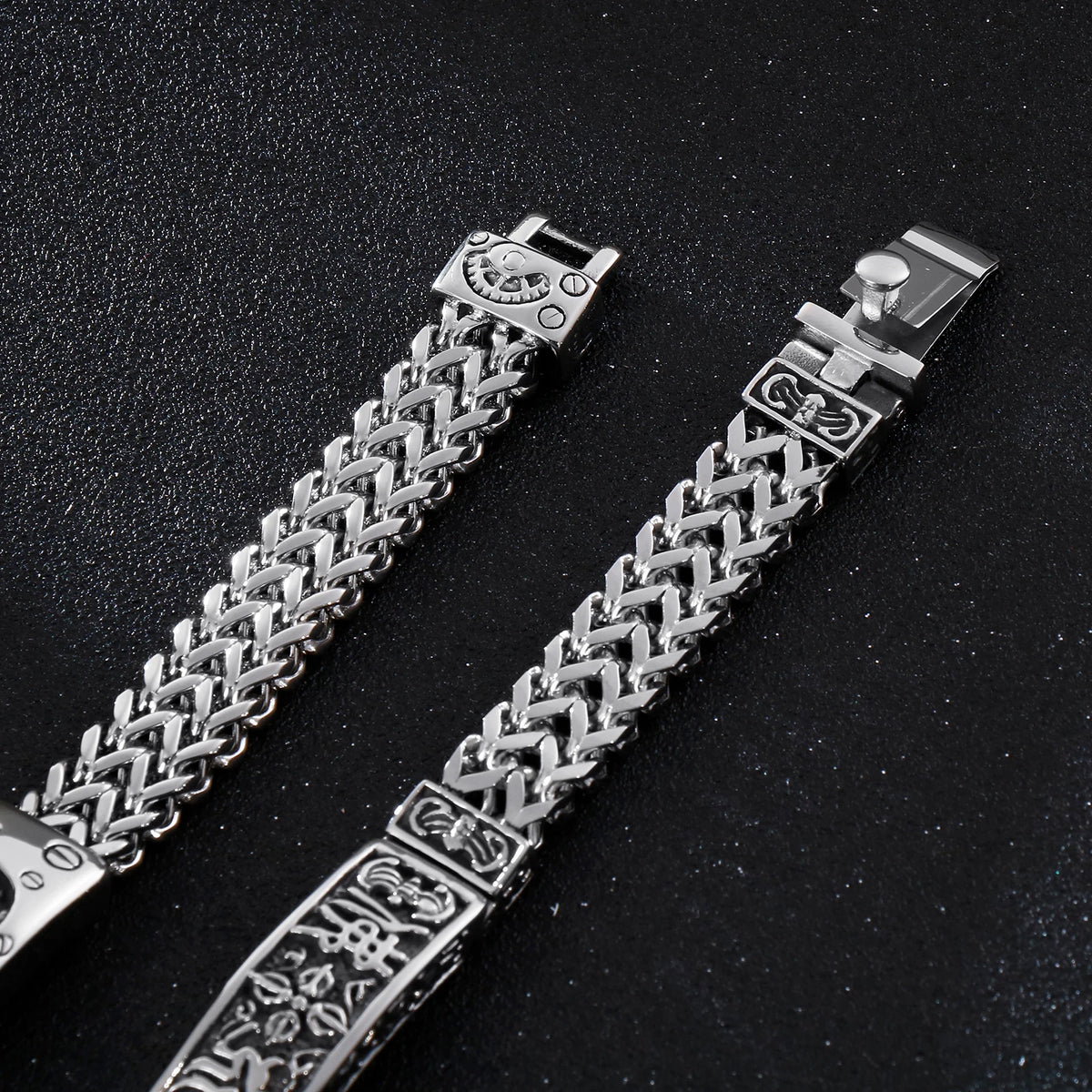 VIKING Mens Retro Buddhist Sutra Bracelet – Silver Stainless Steel