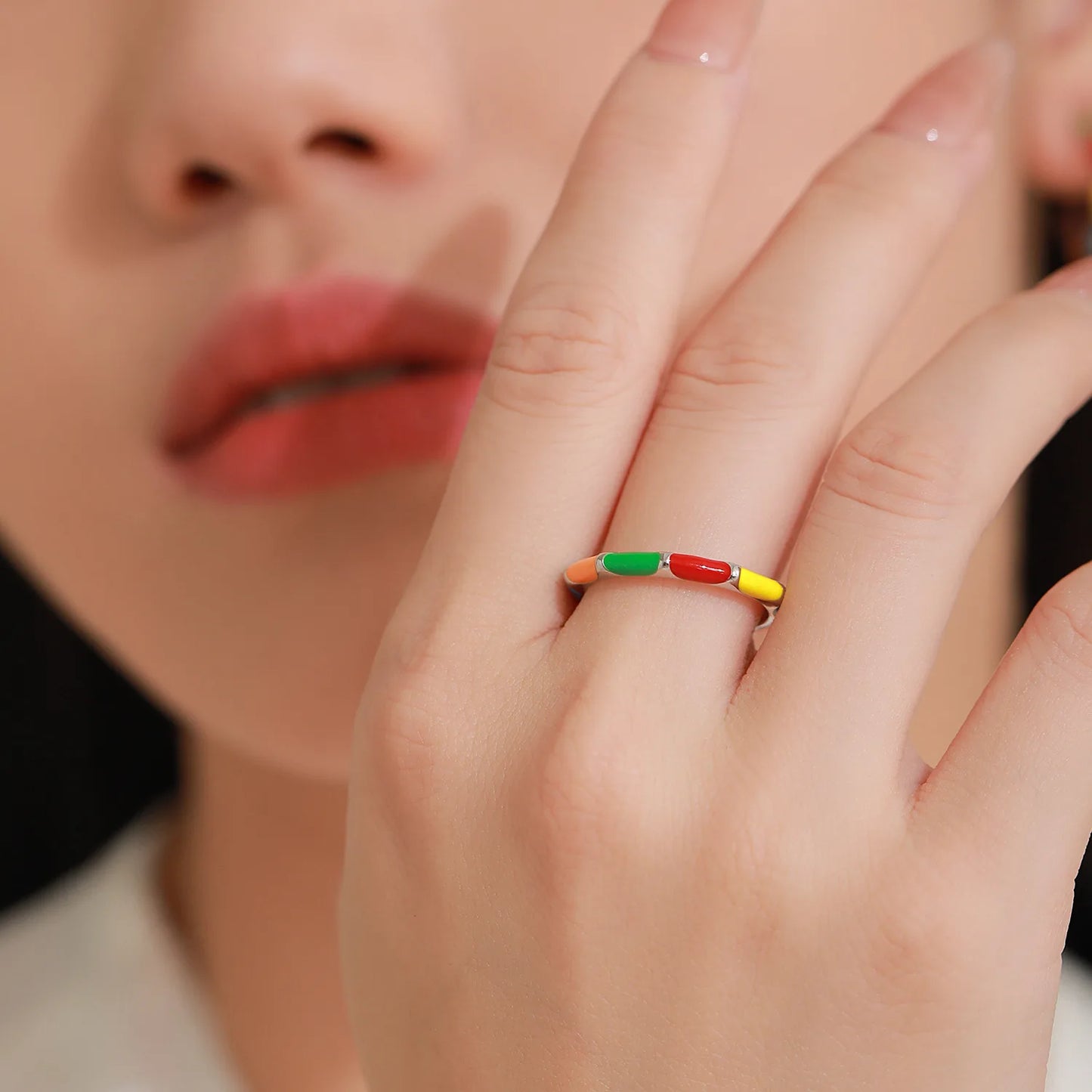 925 Sterling Silver Colorful Retro Enamel Earring Ring Rainbow Jewelry Set Gift Set