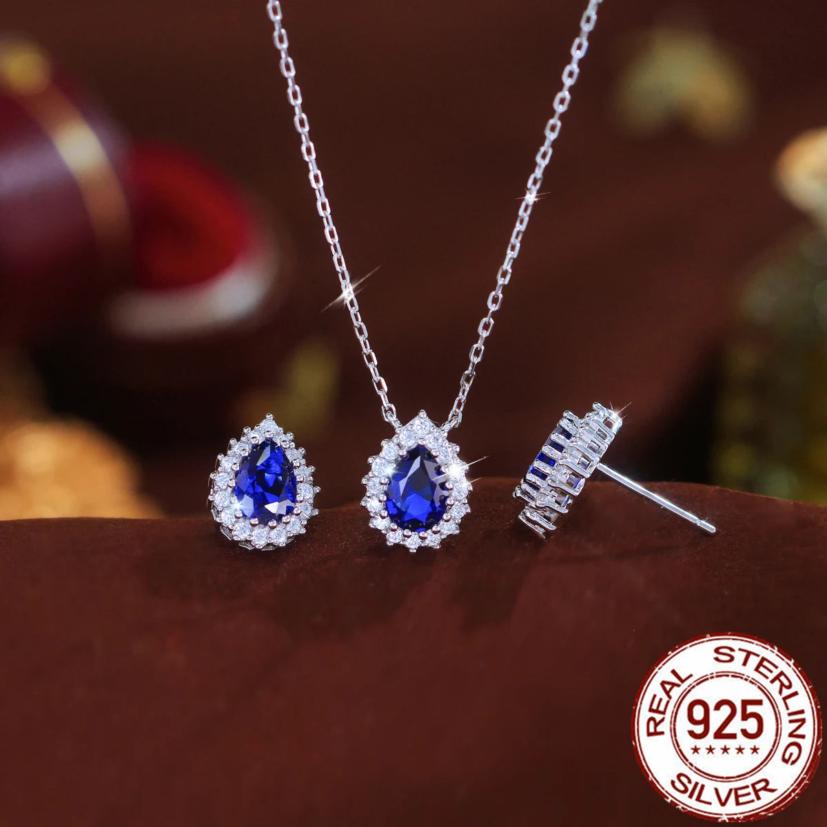 S&S 925 Silver Royal Blue CZ Teardrop Necklace & Earrings Set – Pear Cut – Rhodium Plated – Collection