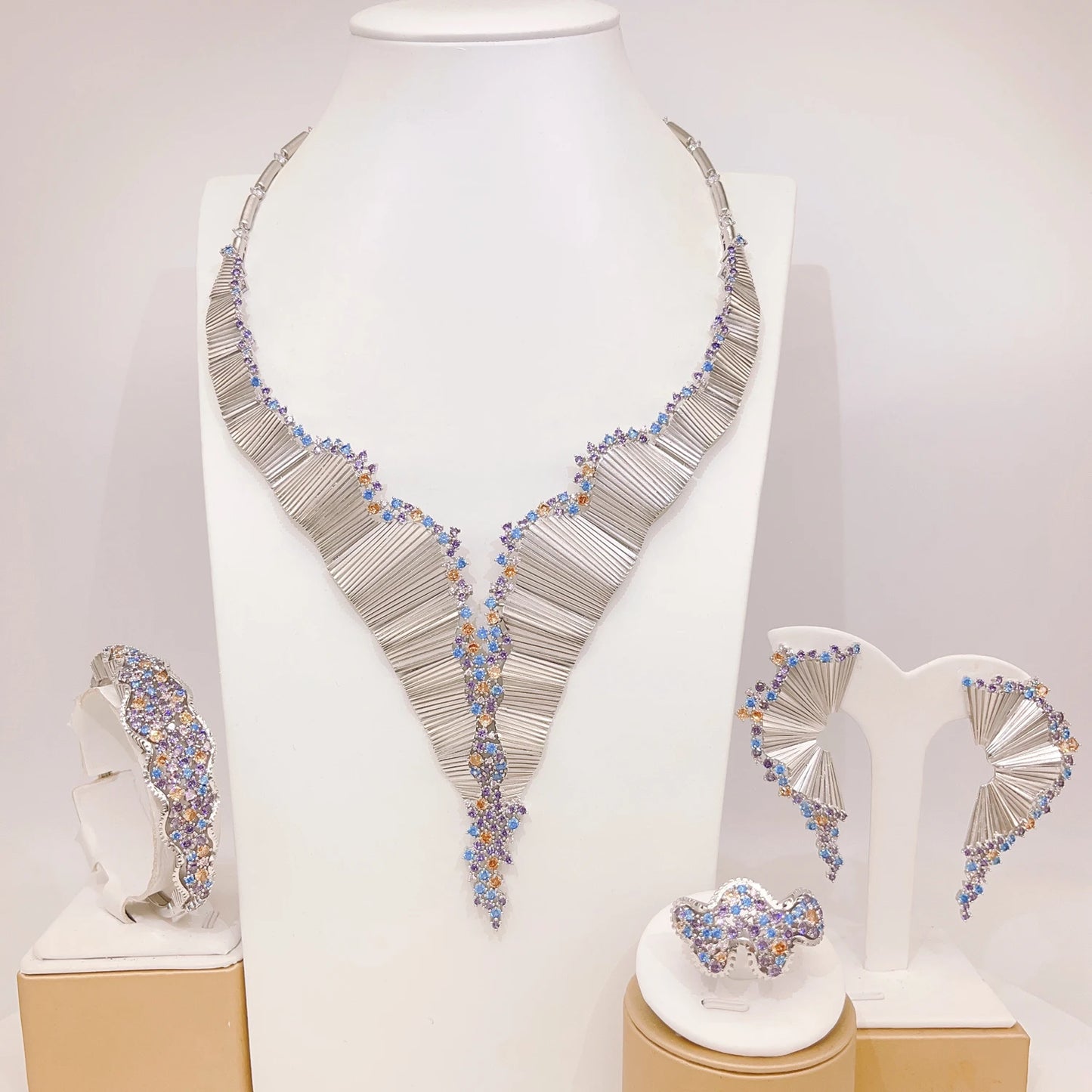 Zhuerrui Luxury Cubic Zirconia Jewelry Set American Diamond Unique Jewelry Sets Necklace Bracelet Earrings Ring Jewellery Sets