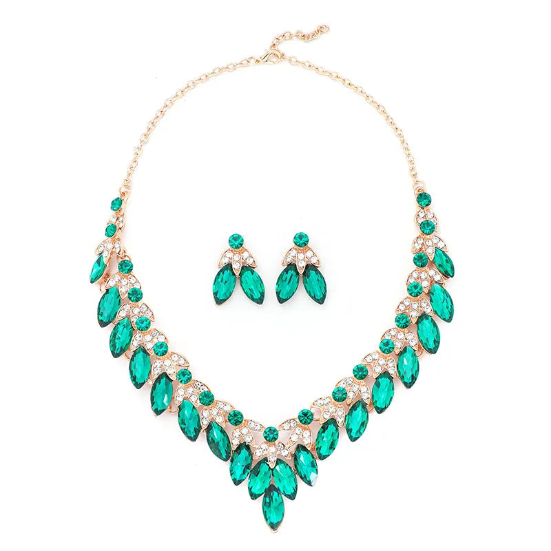 Retro Crystal Flower Clavicle Necklace & Earrings Set | Exaggerated Rhinestone Fashion Jewellery | 5 Colours