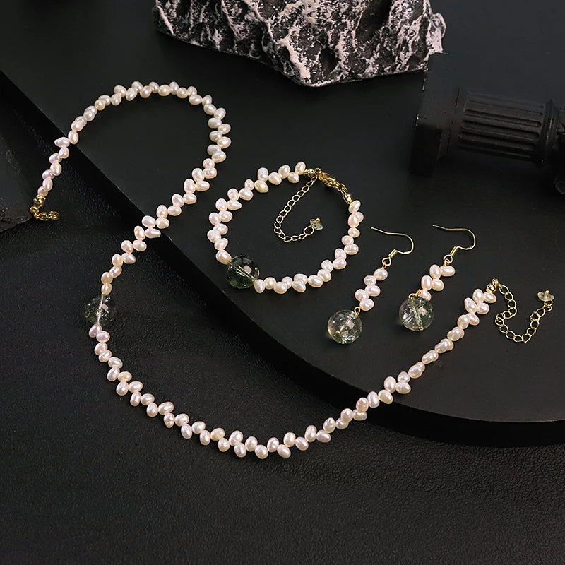 Natural Freshwater Pearl Glass 3PCS Jewelry Set  for Women Wedding Engagement Dating Bridal Pearl Jewelry Set Minimalist Jewelry