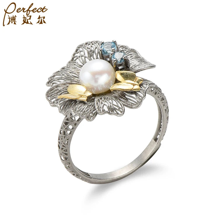 3D Printer Fashionable Flower Silver Charm Jewelry Pearl Rings
