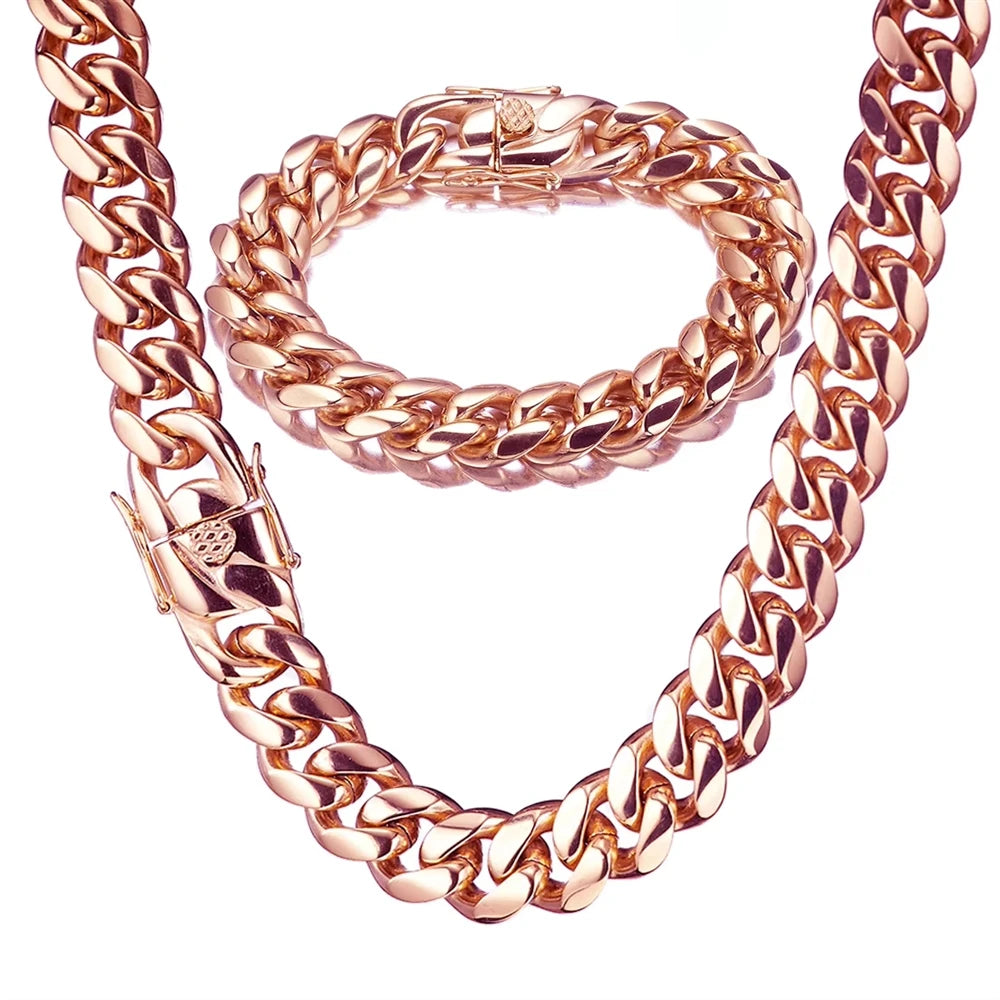 14mm Rose Gold Cuban Necklace for Men Titanium Steel Stainless Encryption Chain European American Hop Style