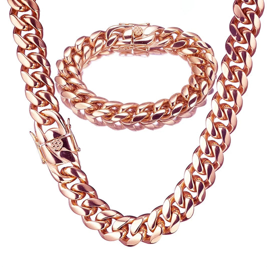 14mm Rose Gold Cuban Necklace for Men Titanium Steel Stainless Encryption Chain European American Hop Style