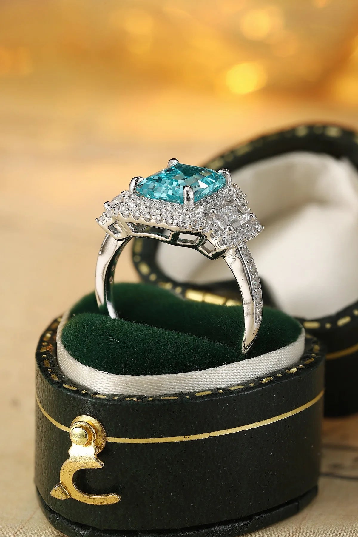 Gemfiori Vintage Lab Grown Paraiba Engagement Ring S925 Silver Rhodium Plated Prong Setting Vintage Wedding Ring for Her Charms