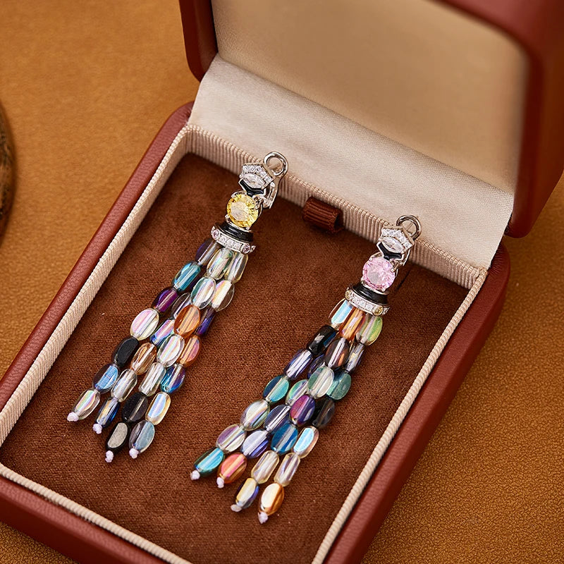 Luxurious and Colorful Cubic Zirconia Brass Necklace Earrings with Tassel Enamel Craftsmanship Suitable for Women's Accessories