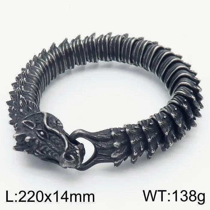 REBEL 220mm Men Punk Stainless Steel Links Bracelet With Vivid Dragon Head Clasp