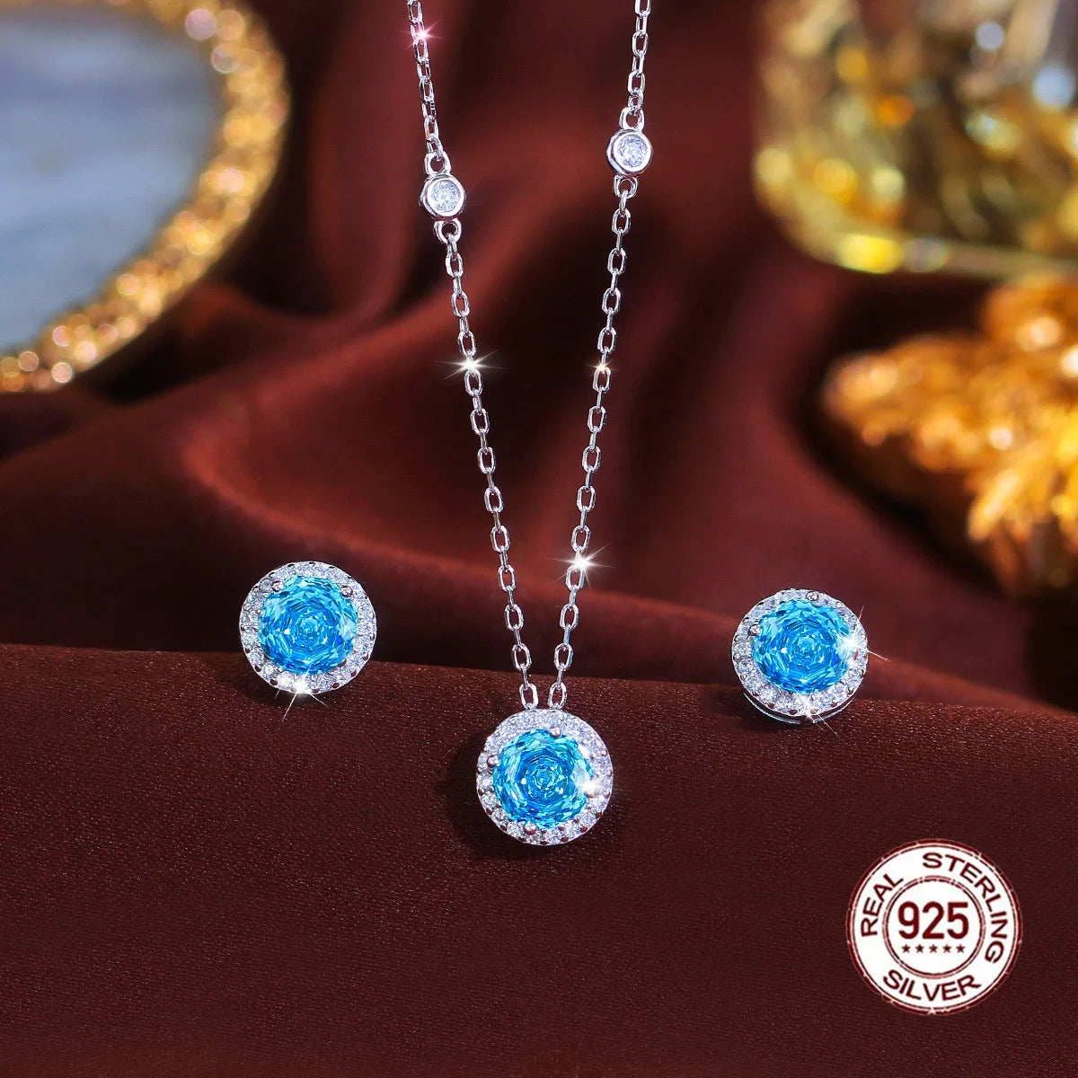 Exquisite Rose Flower CZ Light Blue 925 Sterling Silver Necklace and Earring Round Pendant Jewelry Set for Women Party Gift