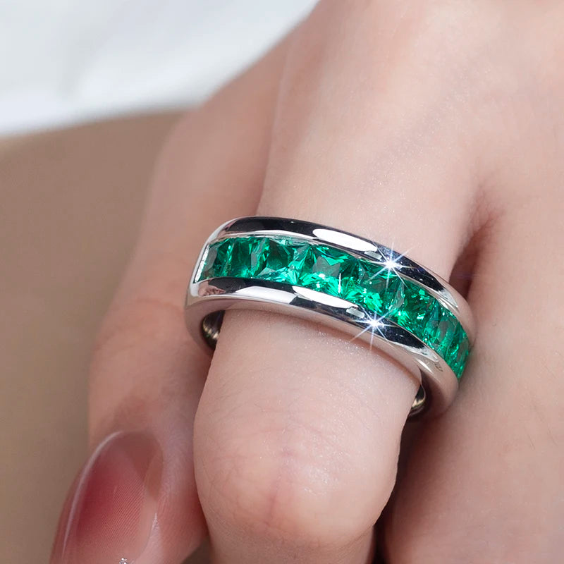 Messi Jewelry MSR-1182 Classic Style 925 Silver Princess Cut Lab Grown Colombia Emerald Engagement Ring