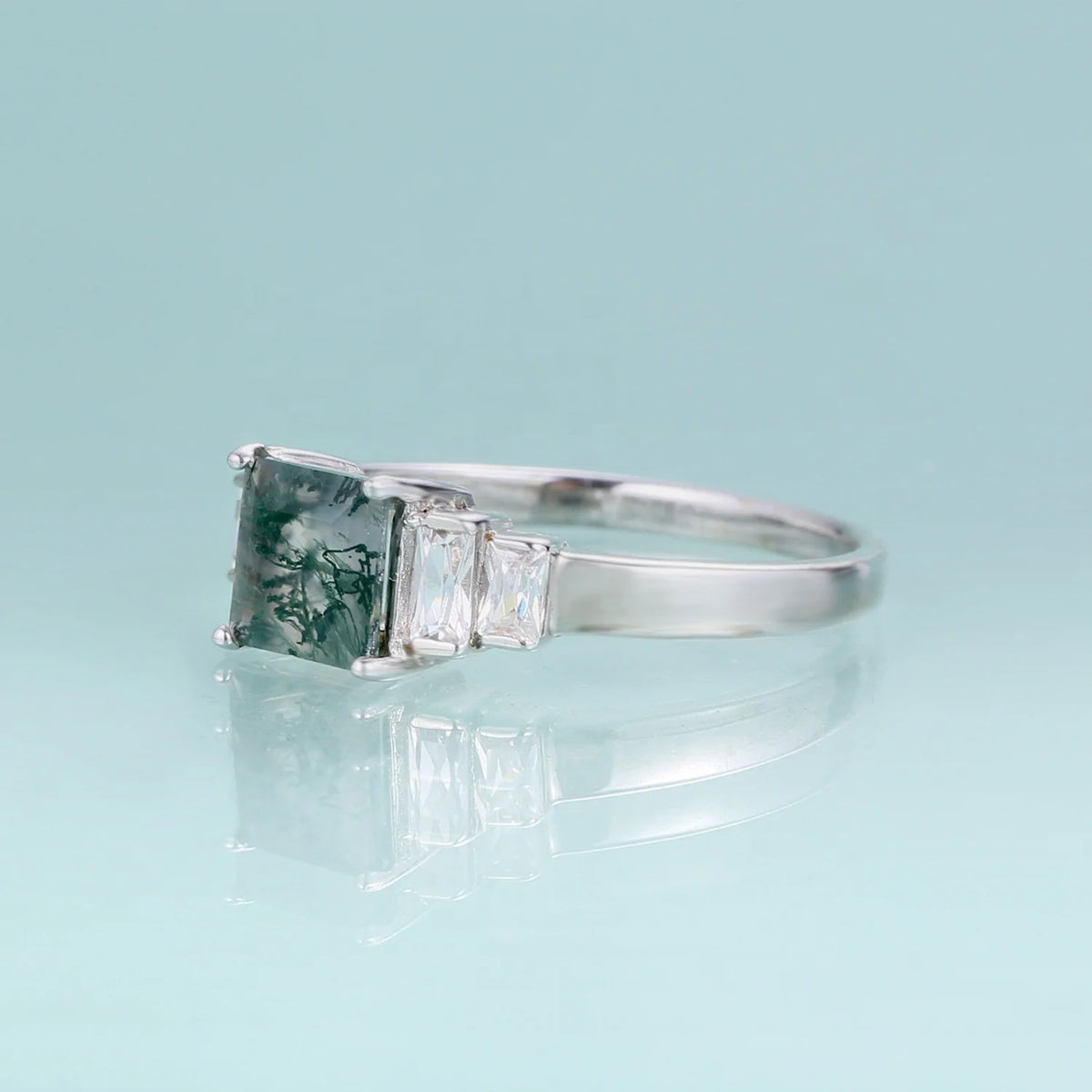 ArtistA F0343 Abiding Five Stone Design 925 Sterling Silver Princess Cut 6x6mm Natural Moss Agate Square Shape Engagement Ring
