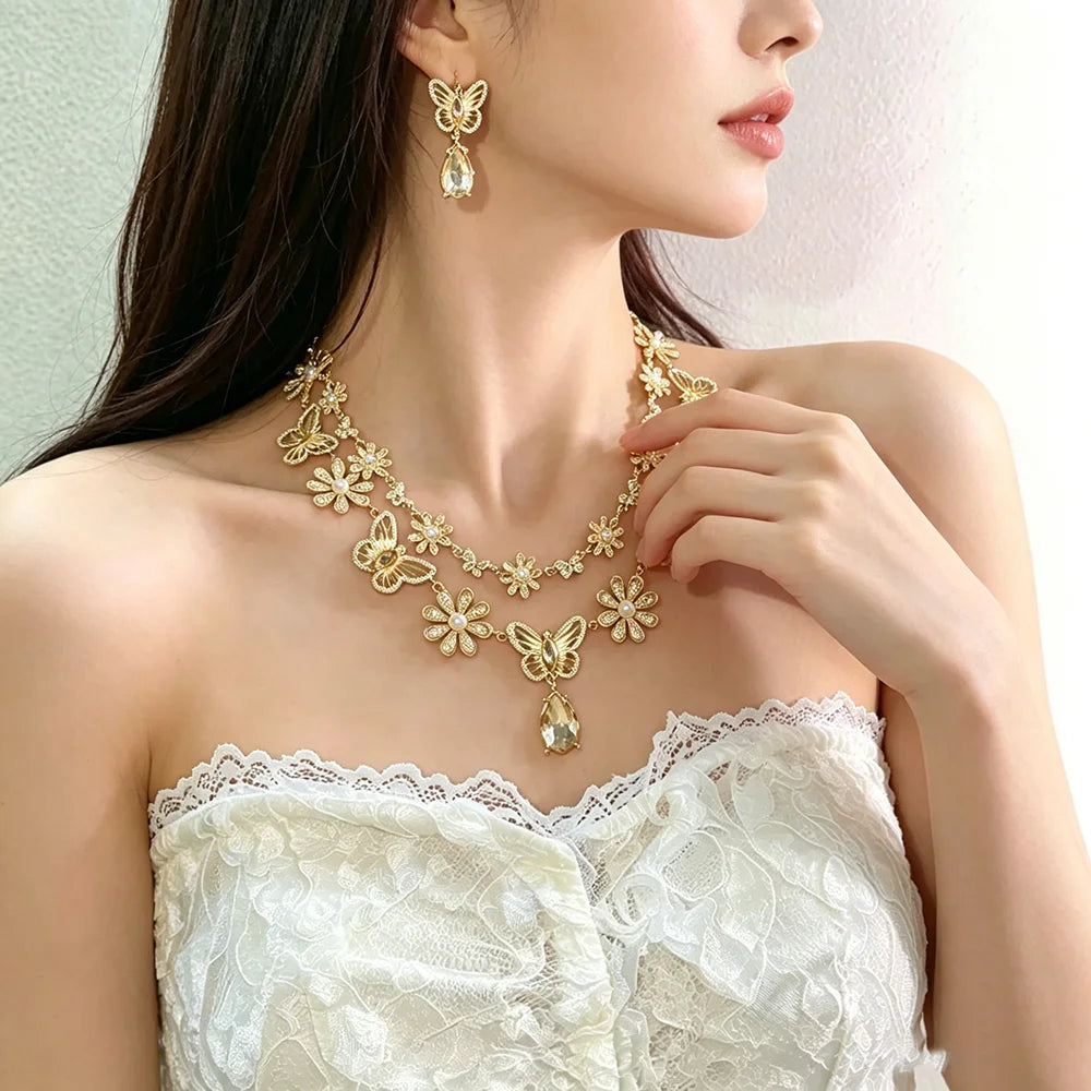 Luxury Princess-Cut Zirconia Pearl & Crystal Butterfly Floral Necklace & Earrings Bridal Set — Platinum Plated Gold