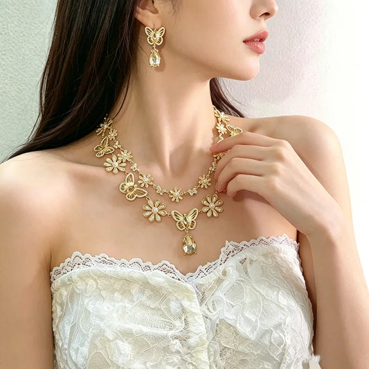 Luxury Princess-Cut Zirconia Pearl & Crystal Butterfly Floral Necklace & Earrings Bridal Set — Platinum Plated Gold