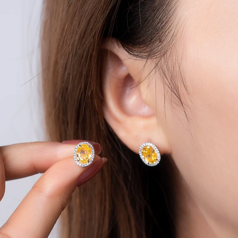 Messi Jewelry MSE-609 Silver Yellow Oval Cut Stunning High Carbon Cubic Zirconia Earrings Fancy Shape Engagement Gift for Lady