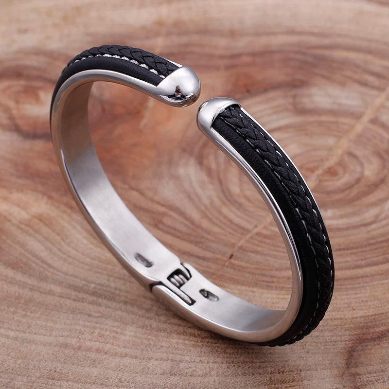 KALEN Stainless Steel Black Leather Bangle Charm Cuff Bracelets & Bangles for Men
