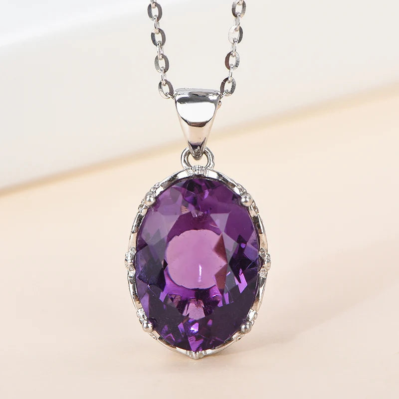 Gioiellieri Natural Amethyst Oval Cut Claw Setting Rhodium Plated 925 Sterling Silver Luxury Customized Women's Solitaire Pendant Necklace