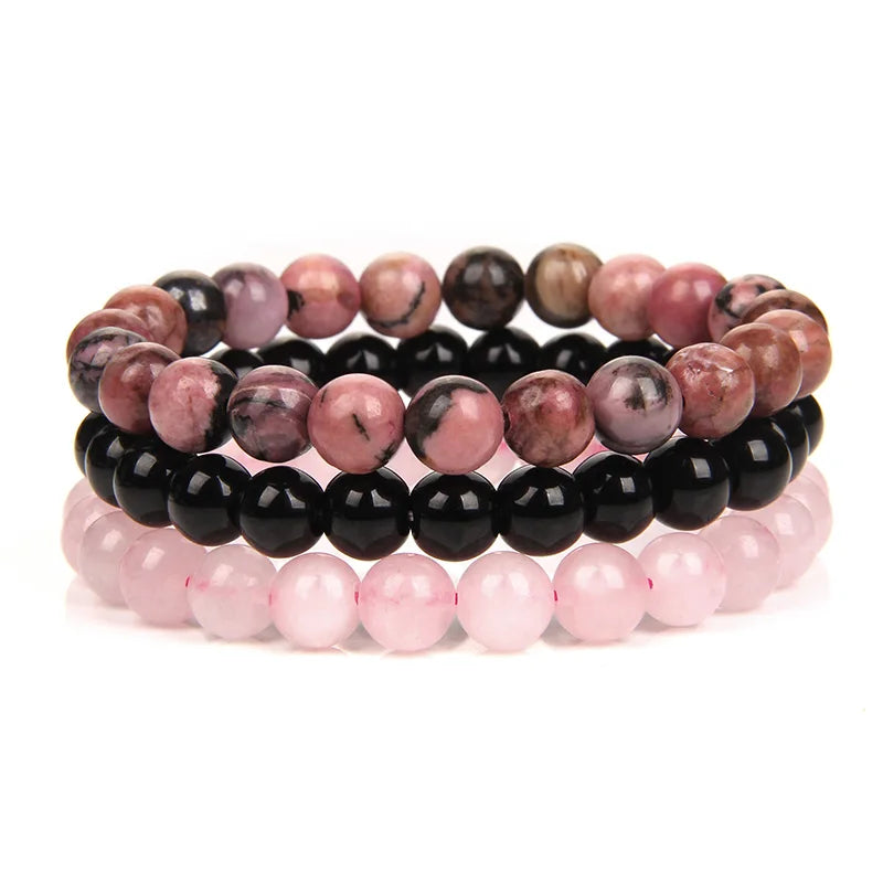 Gemfiori 8mm Natural Garnet Stone Bracelet Set 3pcs/set Rose Quartz Rose Turquoise Hematite Amethyst Bracelet Men's and Women's Jewelry