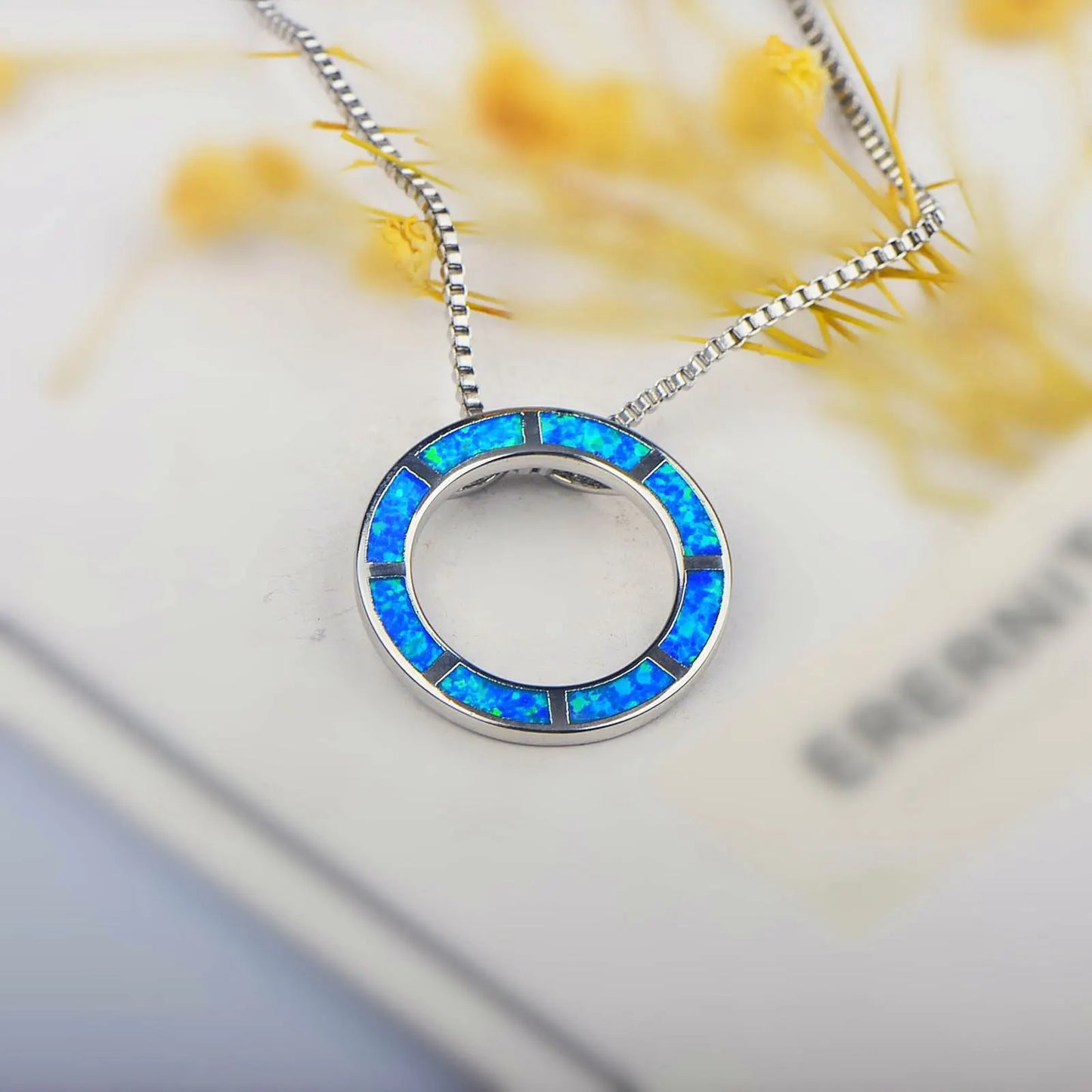 TikTok Viral Copper Box Chain Christian Circle Opal Necklace | Blue Minimalist Jewelry-Ins Trendy Bulk Supply