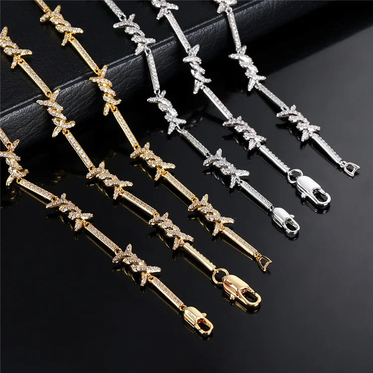 BiG-BOSS New Unisex Punk Luxury Thorns Design Hip Hop Copper Jewelry Full Zircon Barbed Wire Necklace Thorn Necklace