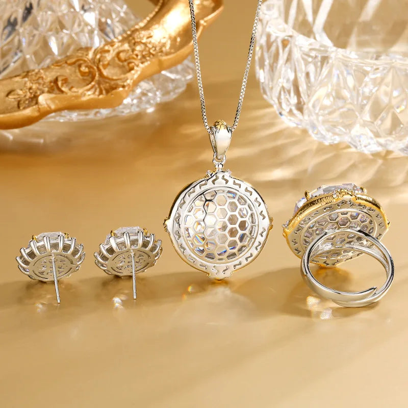 Gemfiori Fashionable Temperament Light Luxury Full of Exquisite Zirconium Elements Earrings Necklaces Rings Set of Accessories
