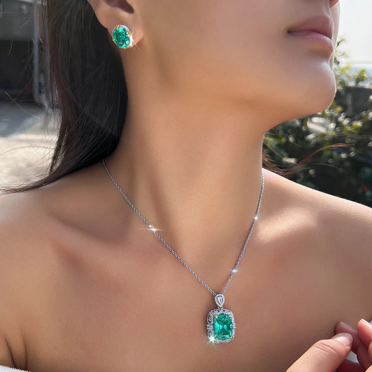 Big Green CZ Rhodium Plated Jewelry Set Princess Cut Cubic Zircon Pendant Necklace Stud Earrings Jewelry Set for Brides Wedding