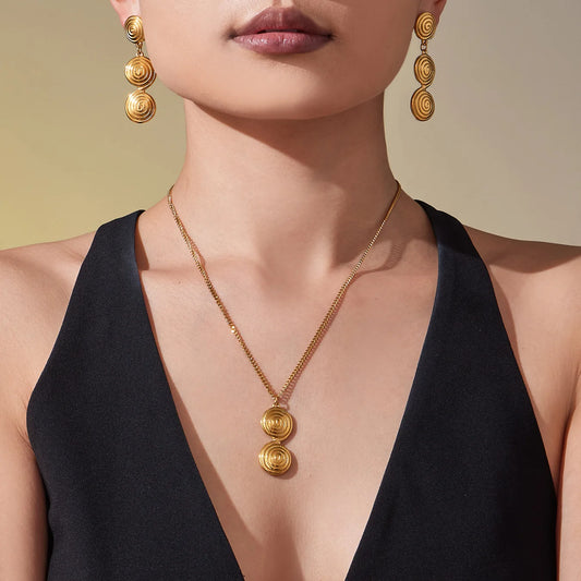 Natural Stone Geometric Clavicle Chain & Threaded Hoop Earrings | Minimalist Gold Stainless Steel Jewellery