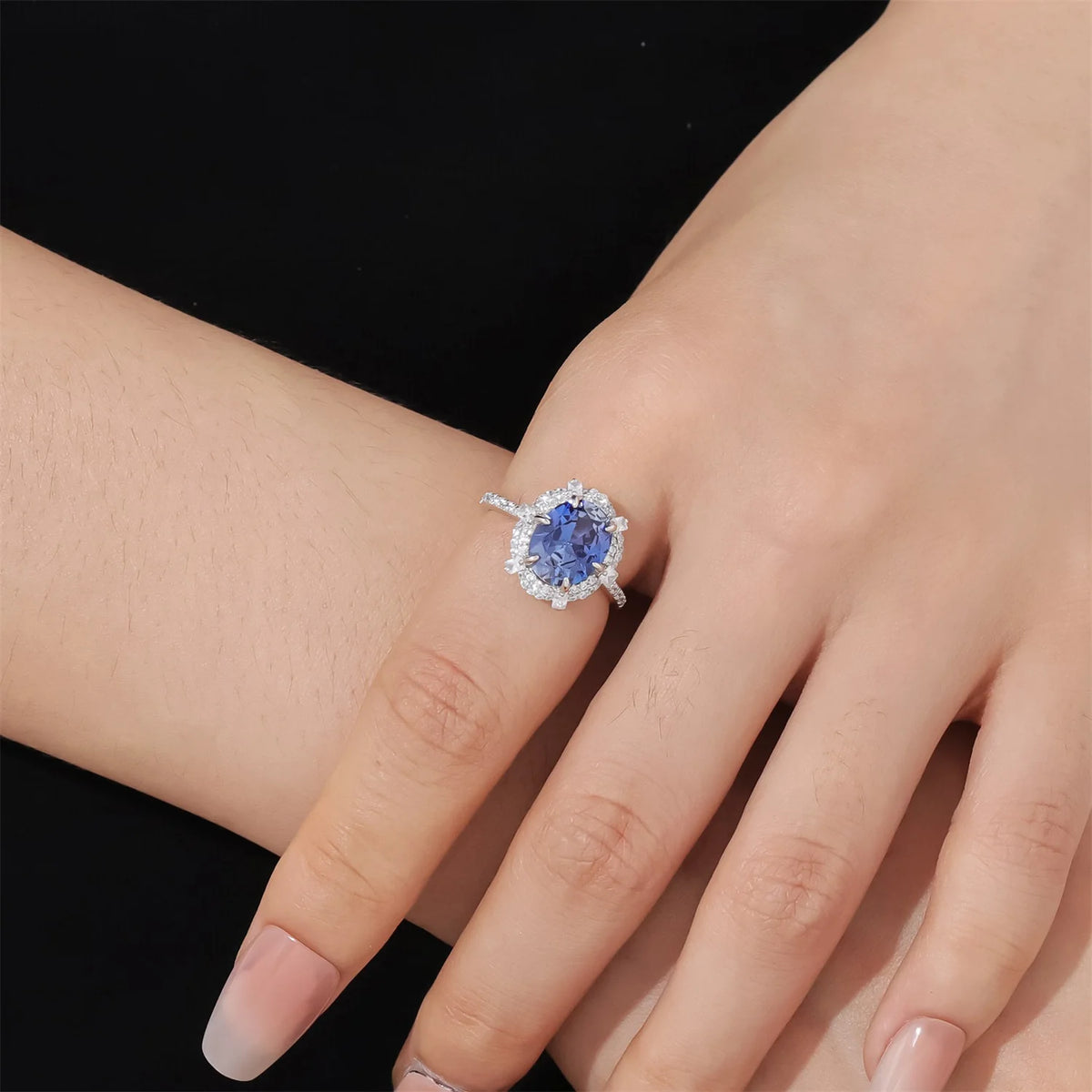 Gemfiori Luxury Halo Design Big Stone 8x10 Oval Cut Lab Grown Sapphire 925 Silver Rhodium Plated Women Ring with Half Pave Shank
