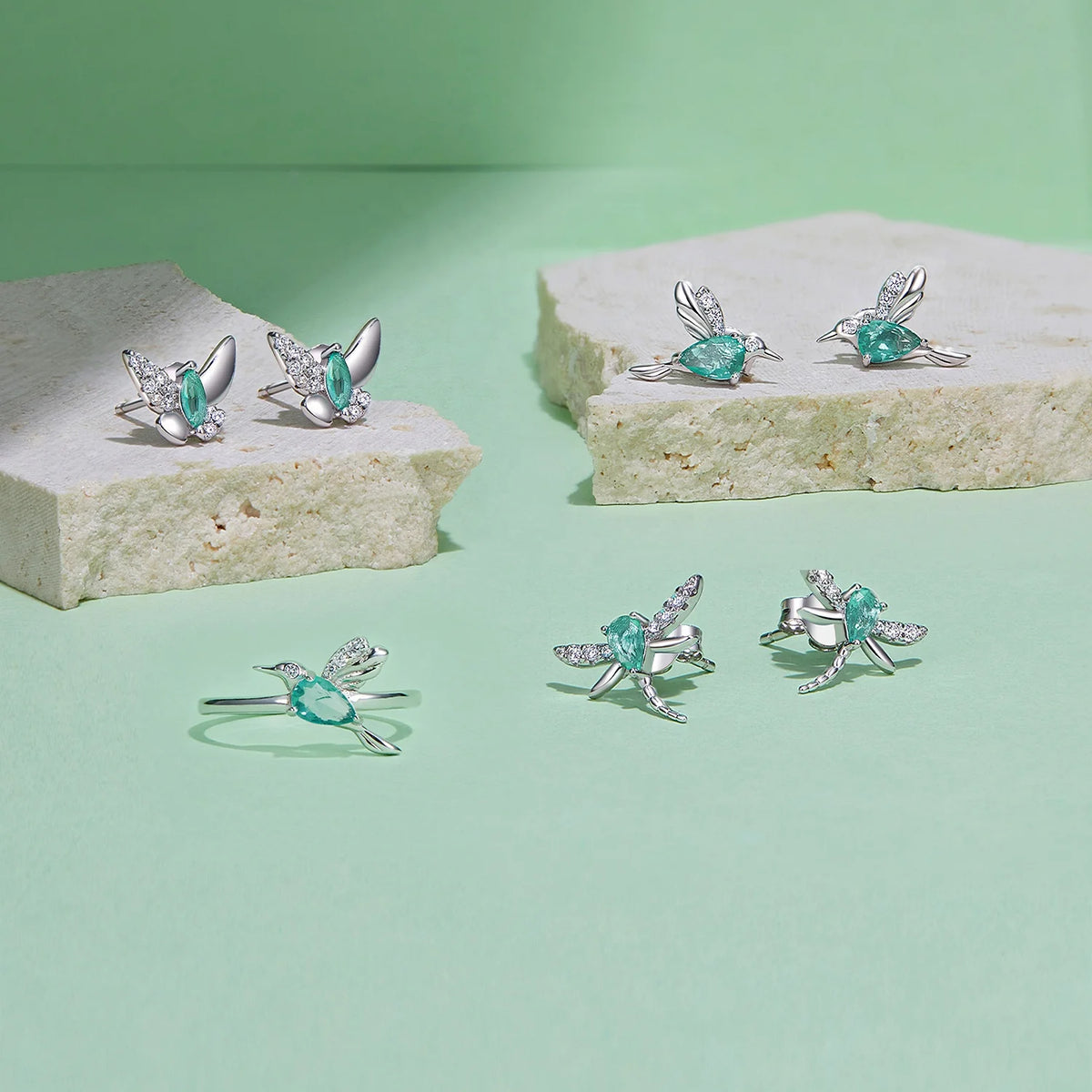 S&S 925 Silver Wings of Nature Earring & Ring Set – Hummingbird, Butterfly & Dragonfly – Platinum Plated – Collection