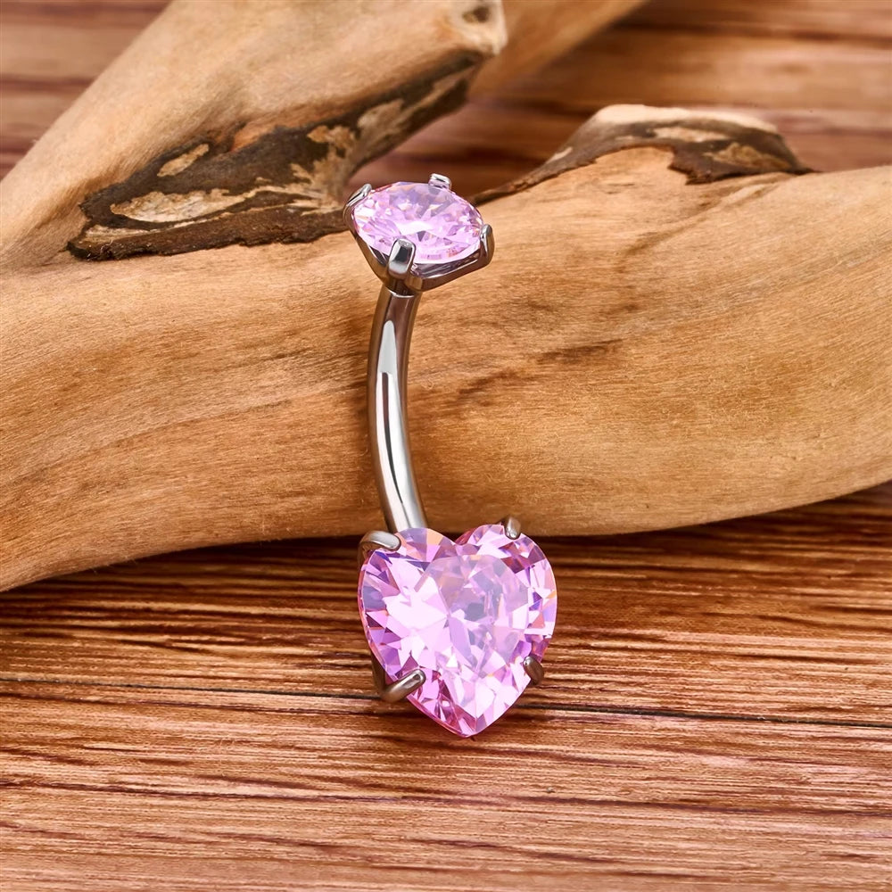 G23 ASTM F136 Titanium Navel Piercing 14G Belly Button Ring Double Heart Zircon Inlay Women Fashion Body Jewelry