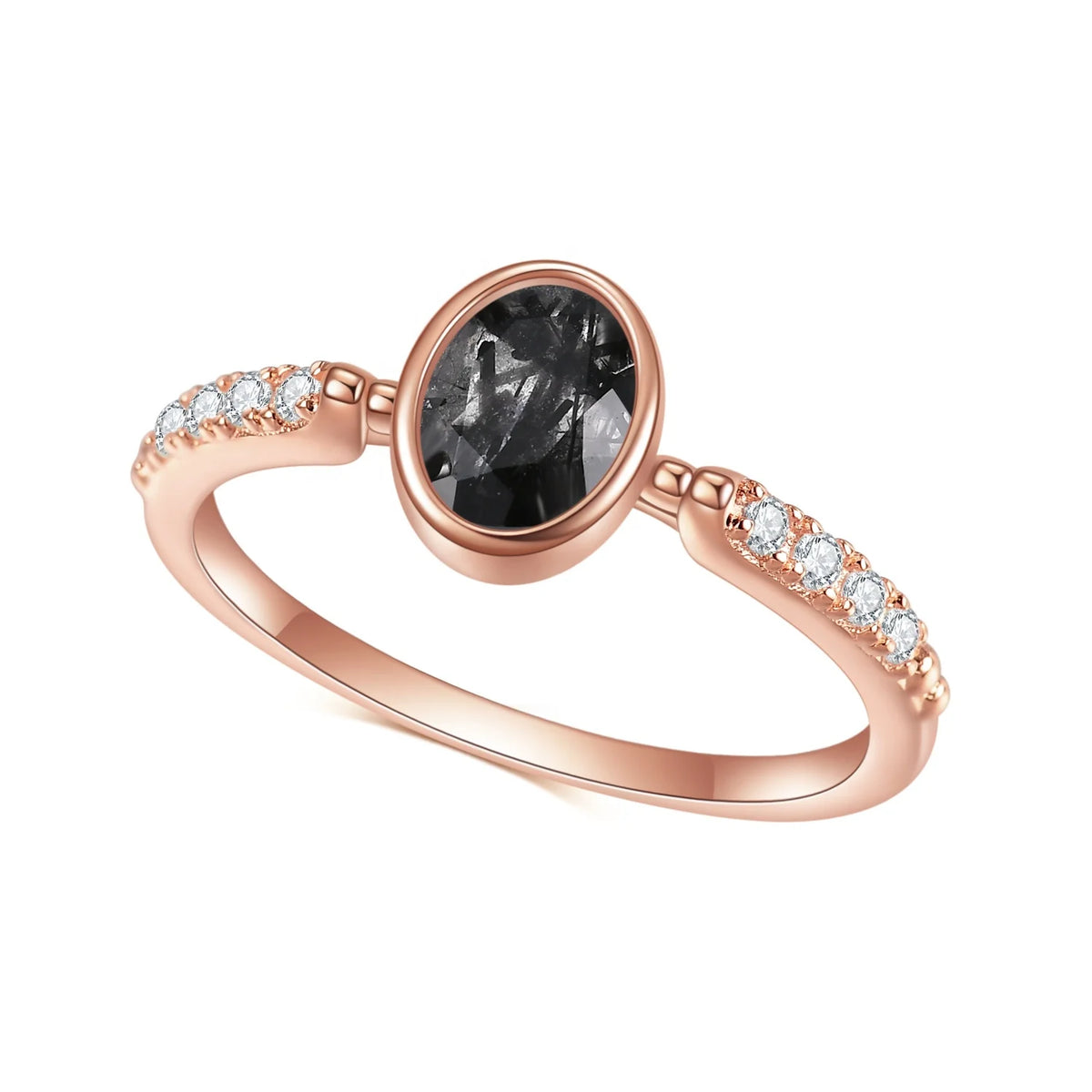 ArtistA Abiding OEM Factory Direct Sale Rose Gold Plated 925 Sterling Silver Natural Black Rutilated Quartz with White CZ Side Stones