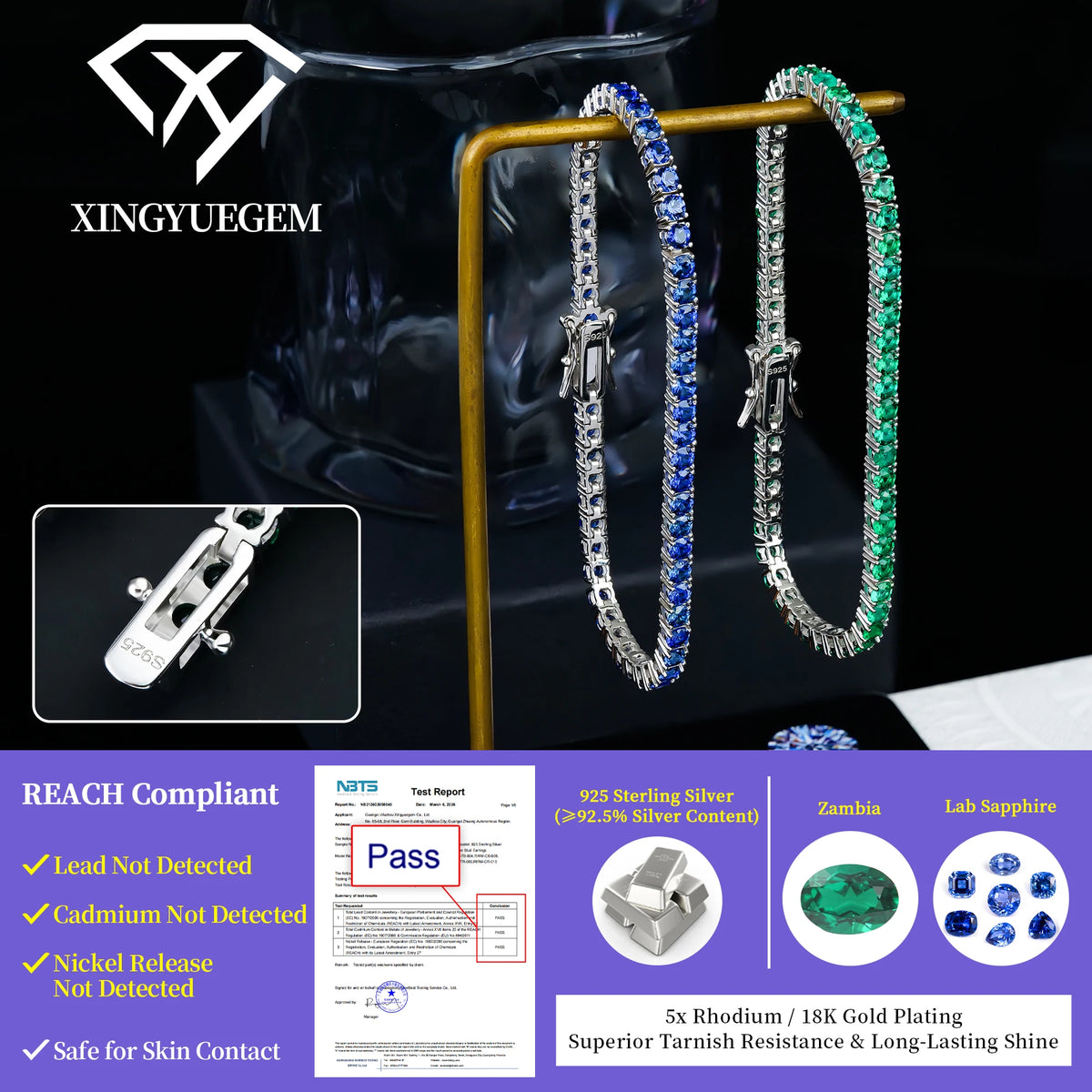 S&S High Quality Lab Created Gemstones Jewelry 925 Sterling Silver Round Cut Zambian Emerald Sapphire Tennis Bracelets for Women Men