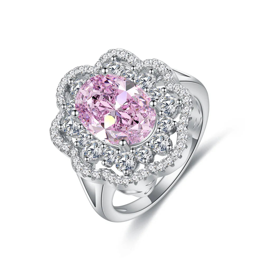 MuShan Jewelry Factory 5.5ct Egg Shaped 8 * 12 Candy pink Diamond 925 Sterling Silver Ring Womens High Carbon Diamond Jewelry