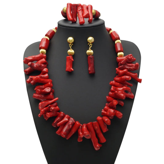 Zhuerrui Luxurious Red Coral Bead Design Sets Nigerian Women Like Gold Accessories Bracelet Set Irregular Cut Jewelry HF17041303