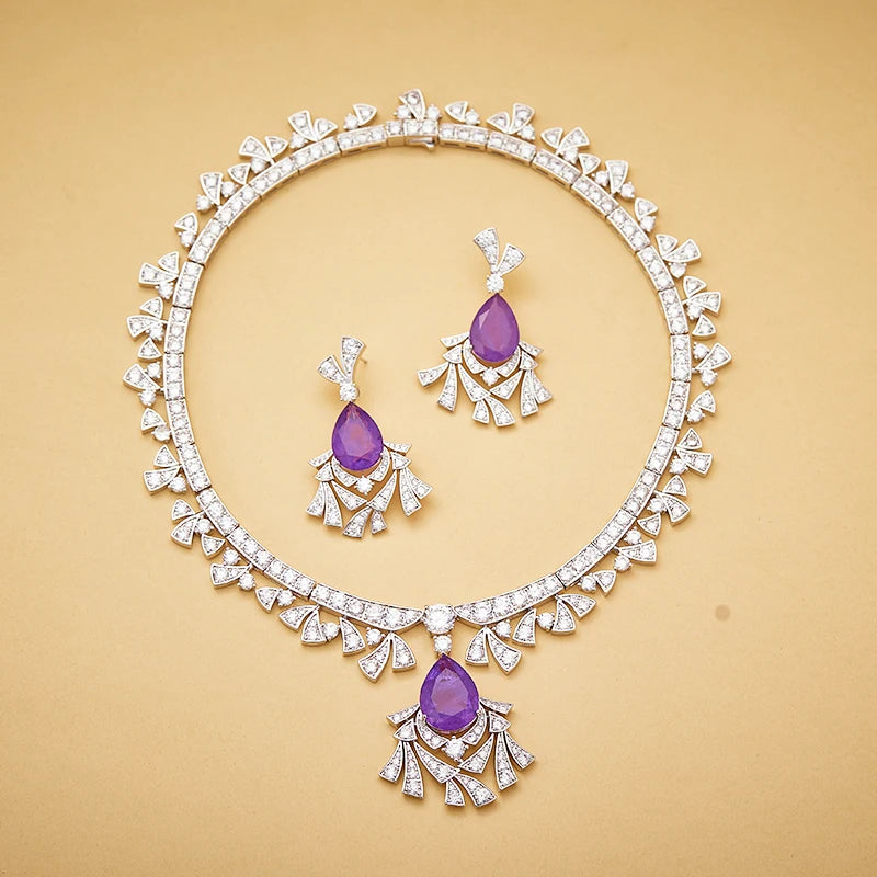 Luxurious Purple Water Droplet Necklace Earrings Fashionable Inlaid Cubic Zirconia Brass Women's Sexy Dress Accessories