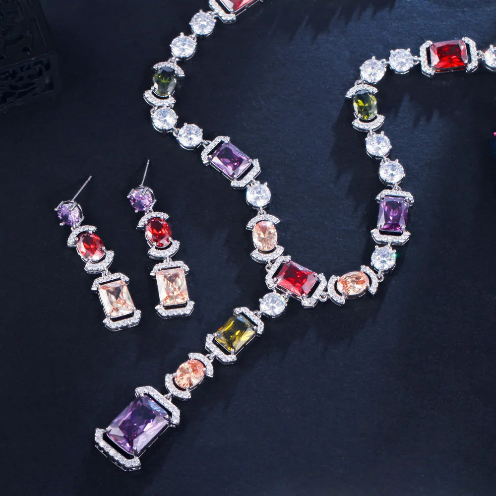 Sparkling Multi Color Cubic Zirconia Big Long Dangle Drop Party Wedding Necklace Bridal Jewelry Sets Dress Accessories